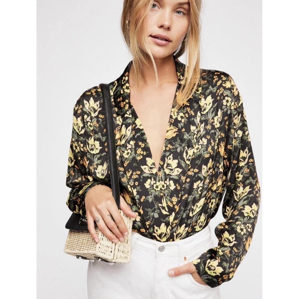 Free People Satin Floral Wrap Bodysuit Size L Boho Chic Dark Romantic Coquette